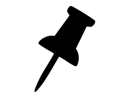 Black silhouette of pushpin icon isolated on white background. concept of office supply, stationery item, reminder, notice, design element.のイラスト素材