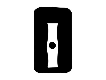Black silhouette of pencil sharpener isolated on white background, graphic illustration. Concept of school stationery, drawing tool, office supply, student accessory, design element.のイラスト素材