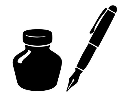 Black silhouette of fountain pen and ink bottle isolated on white background. concept of writing, stationery, office supplies, calligraphy, education, design element.のイラスト素材