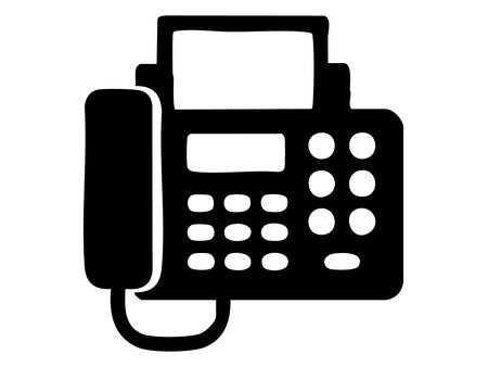 Black silhouette of fax machine, isolated on white background, graphic illustration. concept of communication, office equipment, technology, retro, icon, design element.のイラスト素材
