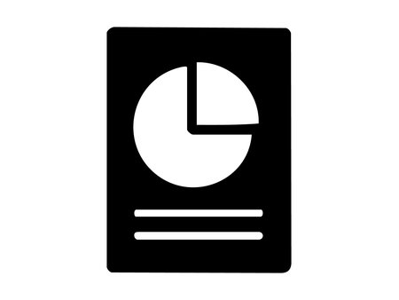 Black silhouette of document with pie chart and text lines, isolated on white background, graphic illustration. Concept of report, presentation, infographic, marketing data, chart analytics.のイラスト素材