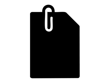 Black silhouette of a paper clip attached to a document, isolated on white background. concept of office supplies, stationery, document management, organization, icon, design element.のイラスト素材