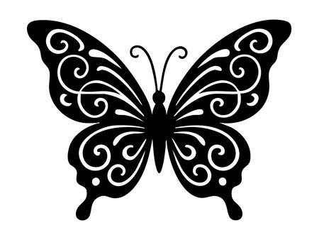 Black silhouette of intricately designed butterfly with swirling patterns, isolated on white background. concept of nature, beauty, metamorphosis, insect elegance, decorative art.のイラスト素材