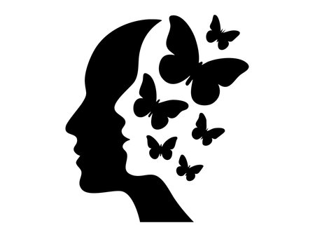 Black silhouette of butterflies emerging from human face profile, isolated on white background, graphic illustration. concept of metamorphosis, transformation, nature, design element.のイラスト素材
