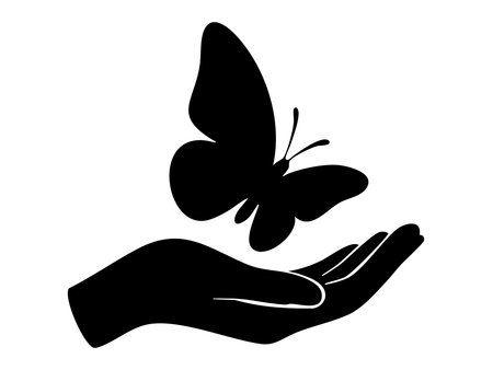 Black silhouette of butterfly hovering over open hand, isolated on white background, graphic illustration. concept of nature, grace, freedom, transformation, design element.のイラスト素材