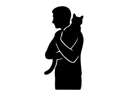 Black silhouette of a man holding a cat, isolated on white background, graphic illustration. concept of pet, companionship, domestic animal, icon, design element.のイラスト素材