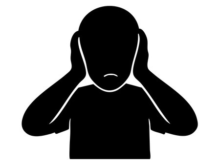 Black silhouette of person covering ears with hands, isolated on white background, graphic illustration. concept of stress, silence, frustration, emotion, mental health, icon.のイラスト素材