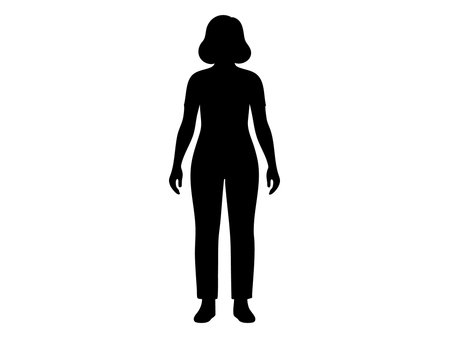 Black silhouette of woman isolated on white background. concept of female figure, human shape, fashion icon, design element, minimalistic art, creative silhouette.のイラスト素材