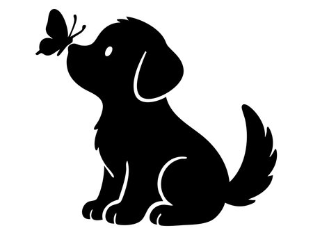 Black silhouette of a puppy with a butterfly on its nose, isolated on white background, graphic illustration. concept of pet, cute dog, domestic animal, nature icon, design element.のイラスト素材