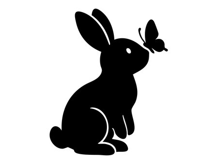 Black silhouette of sitting rabbit with butterfly on nose, isolated on white background. concept of animal icon, nature, cute bunny, wildlife, decorative design element.のイラスト素材