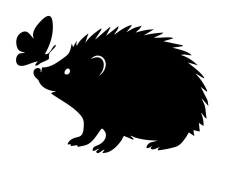 Black silhouette of hedgehog with butterfly, isolated on white background, graphic illustration. concept of wildlife, nature, cute animal, woodland creature, design element.のイラスト素材