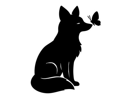 Black silhouette of fox with butterfly on nose, isolated on white background, animal illustration. concepts of wildlife, cute forest creatures, nature icons, graphic design elements.のイラスト素材
