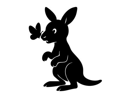 Black silhouette of kangaroo with butterfly, isolated on white background, graphic illustration. concept of wildlife, australian animal, nature icon, design element.のイラスト素材
