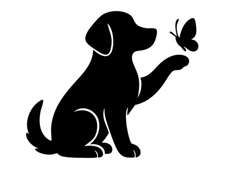 Black silhouette of dog with butterfly, isolated on white background, graphic illustration. concept of pet, playful puppy, domestic animal, nature icon, design element.のイラスト素材