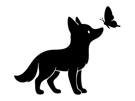 Black silhouette of curious fox gazing at butterfly, isolated on white background, graphic illustration. concept of wildlife, nature, playful animal, forest creature, design element.のイラスト素材