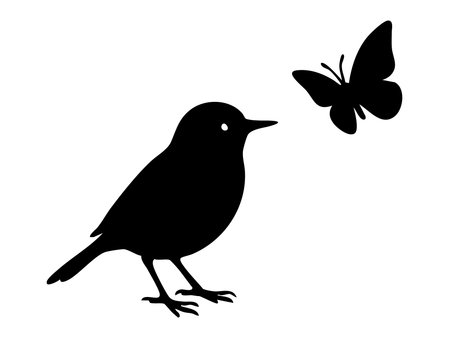 Black silhouette of bird with butterfly, isolated on white background, graphic illustration. concept of nature, wildlife, avian art, insect, flight, design element.のイラスト素材