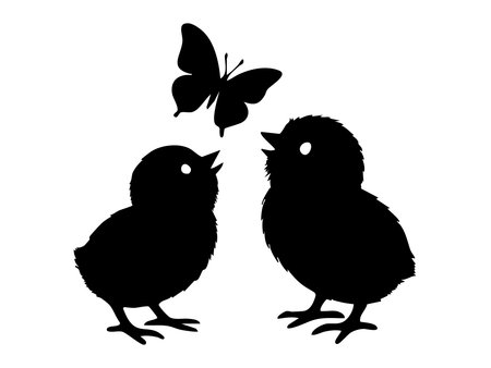 Black silhouette of two chicks and butterfly isolated on white background. concept of birds, cute animals, nature, wildlife, decorative art, design element.のイラスト素材