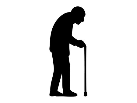Black silhouette of person with a disability using a cane, isolated on white background. concept of mobility aid, elderly care, silhouette illustration, inclusive design, accessibility.のイラスト素材