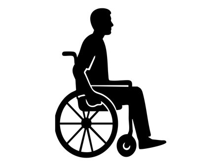 Black silhouette of person with a disability in a wheelchair, isolated on white background. concept of mobility aid, accessibility, inclusive support, health icon, empowerment.のイラスト素材
