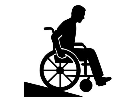 Black silhouette of person in wheelchair on ramp, isolated on white background, graphic illustration. concept of accessibility, disability, mobility aid, inclusion, equality.のイラスト素材