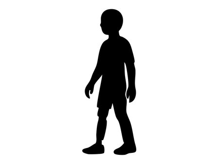 Silhouette of child with prosthetic leg in standing pose, isolated on white background, graphic illustration. Concept of disability, bionic limb, mobility aid, childhood prosthesis, healthcare.のイラスト素材