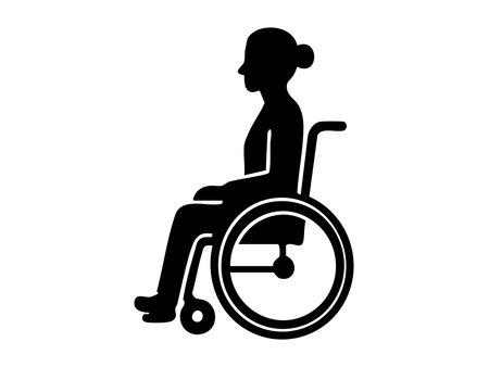Black silhouette of a person in a wheelchair, isolated on white background. concept of disability, accessibility, mobility aid, inclusive design, healthcare symbol, universal icon.のイラスト素材