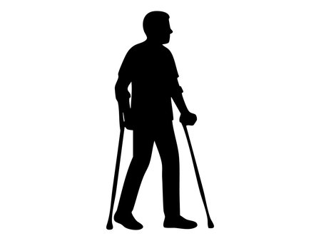 Black silhouette of a person with a disability using crutches, isolated on white background. concept of disability awareness, support, mobility aid, silhouette art, inclusive design.のイラスト素材