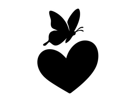 Black silhouette of butterfly and heart icon isolated on white background. concept of love, romance, nature, wedding, valentine's day, design element, minimalist artwork.のイラスト素材