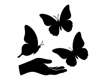Black silhouette of three butterflies in flight with hand, isolated on white background, graphic illustration. concept of nature, freedom, insects, beauty, design element.のイラスト素材