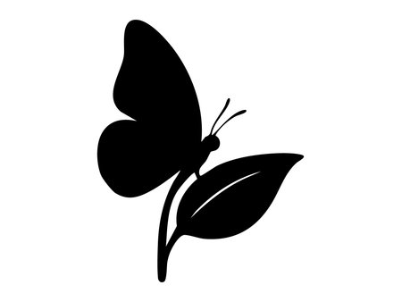 Black silhouette of butterfly perched on leaf, isolated on white background. concept of nature, insect, winged beauty, garden, wildlife, design element.のイラスト素材