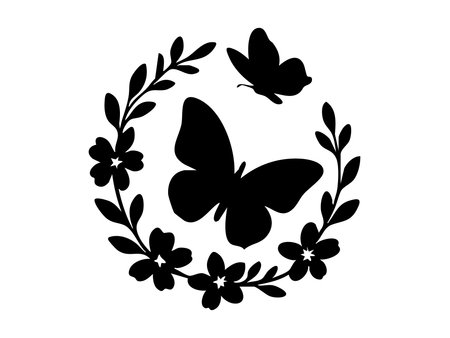 Black silhouette of butterflies and floral wreath isolated on white background. concept of night, nature, insect, floral design, garden, environment, symmetry, icon.のイラスト素材