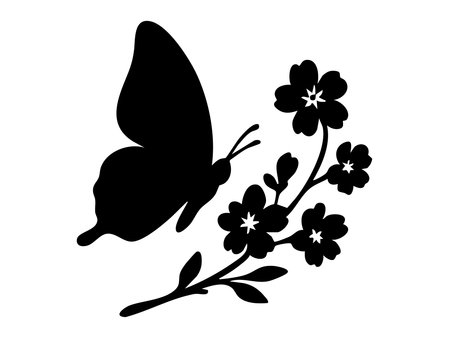 Black silhouette of butterfly on flower branch, isolated on white background, graphic illustration. concept of nature, floral design, insect, garden decor, decoration.のイラスト素材