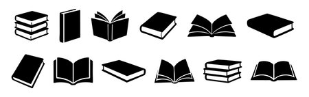 Black silhouettes of books in various forms isolated on white background, graphic illustration. concept of literature, reading collection, education, icon, library, design element.のイラスト素材
