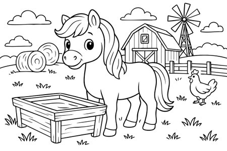 Cute pony on farm coloring page with barn, hay, chicken and windmill in black outline for children. concept of farm animals, rural scene, kids activity, playful art, creative fun.のイラスト素材