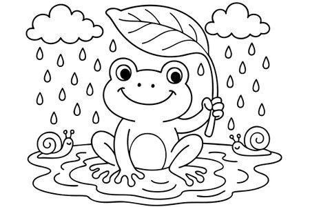 Black outline coloring page featuring cheerful frog with leaf umbrella and snails amidst rain, graphic illustration. concept of nature, amphibian, kid's art, educational fun.のイラスト素材