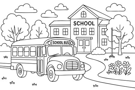 Black outline of school bus and building coloring page for children, isolated on white background. concept of kids activity, education, fun learning, printable illustration.のイラスト素材