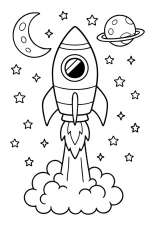 Black outline rocket ship with planets and stars, space theme coloring page for children, isolated on white background. concept of kids activity, astronomy, fun learning tool.のイラスト素材
