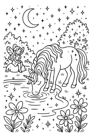 Black outline coloring page for children with unicorn and fairy by a pond under a starry sky. concept of fantasy, magical creatures, kids activities, imagination, creative fun.のイラスト素材