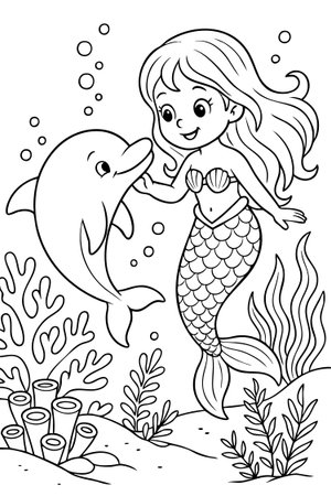 Black outline coloring page of mermaid with dolphin underwater scene for children. concept of ocean life, kids activity, fantasy creature, marine animals, educational design.のイラスト素材