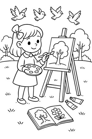 Black outline coloring page for children with girl painting on easel outdoors with birds scene. concept of kids activity, art, creativity, fun learning, nature, tree, illustration.のイラスト素材