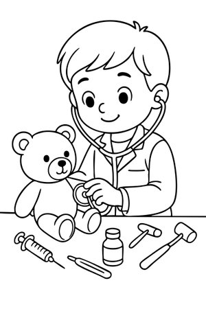 Black outline coloring page of child playing doctor with toy bear and medical tools, isolated on white background. concept of kids activity, imagination, childcare, creativity.のイラスト素材