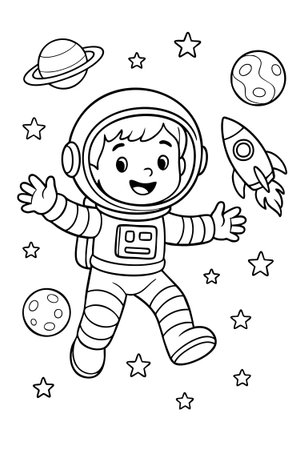 Black outline astronaut and space scene for children's coloring page. concept of space exploration, astronaut kid, stars, planets, spacecraft, educational activity.のイラスト素材