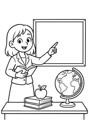 Black outline of female teacher with book pointing at board, globe, and apple on desk isolated on white background. concept of education, classroom, learning, school icon, coloring page.のイラスト素材
