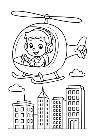 Black outline illustration of child in helicopter flying above city buildings and clouds, coloring page for children. concept of aviation, adventure, creativity, fun.のイラスト素材