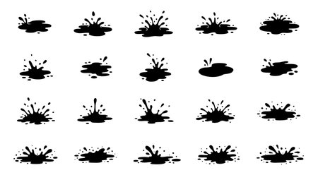 Set of black silhouette splash icons isolated on white background. Concept of liquid splatter, ink blot, paint splash, water drop, grunge element, design decoration, creative spot collection.のイラスト素材