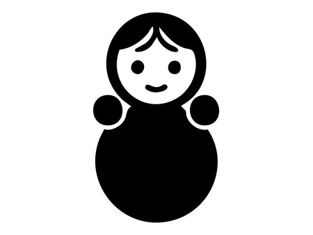 Black silhouette of classic matryoshka doll isolated on white background. concept of traditional russian nesting doll, cute toy, cultural icon, design element, decor, gift.のイラスト素材