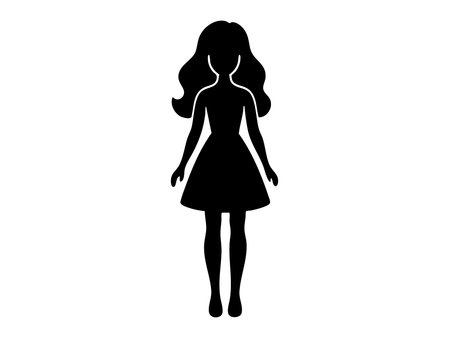 Black silhouette of doll isolated on white background, graphic illustration. concept of toy, cute doll figure, childrens plaything, child icon, design element.のイラスト素材