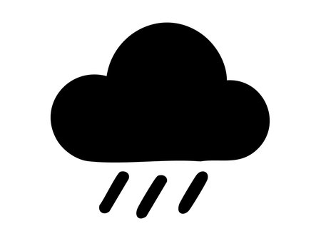 Black silhouette of rainy weather icon with cloud and raindrops isolated on white background. concept of meteorology, rain forecast symbol, nature sign, graphic design element.のイラスト素材