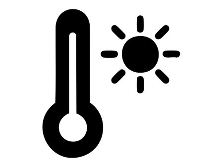 Black silhouette of thermometer and sun icon isolated on white background. concept of weather, temperature, heat, climate, sunny forecast, minimalist design, graphic symbol.のイラスト素材