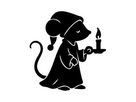 Black silhouette of mouse in pajamas holding candle, isolated on white background. concept of bedtime story, sleepy animal, nightwear, whimsical character, icon, design element.のイラスト素材